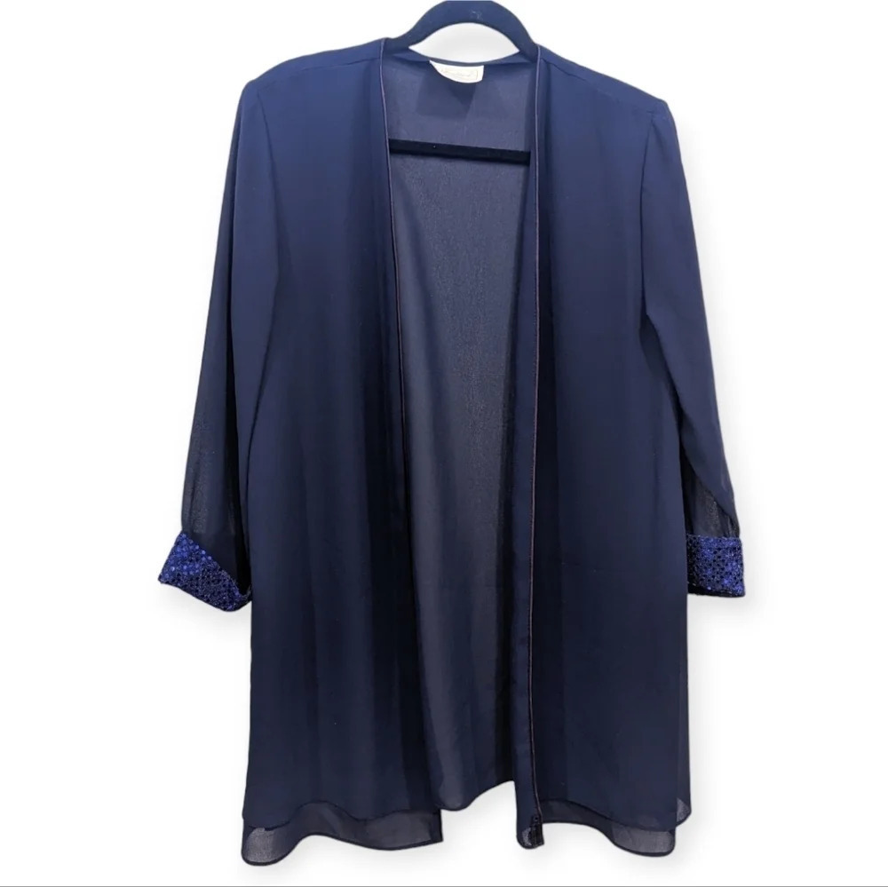 Vintage Traditions Sheer Navy Blazer Cardigan  Sequin Sleeve Detail Woman Large